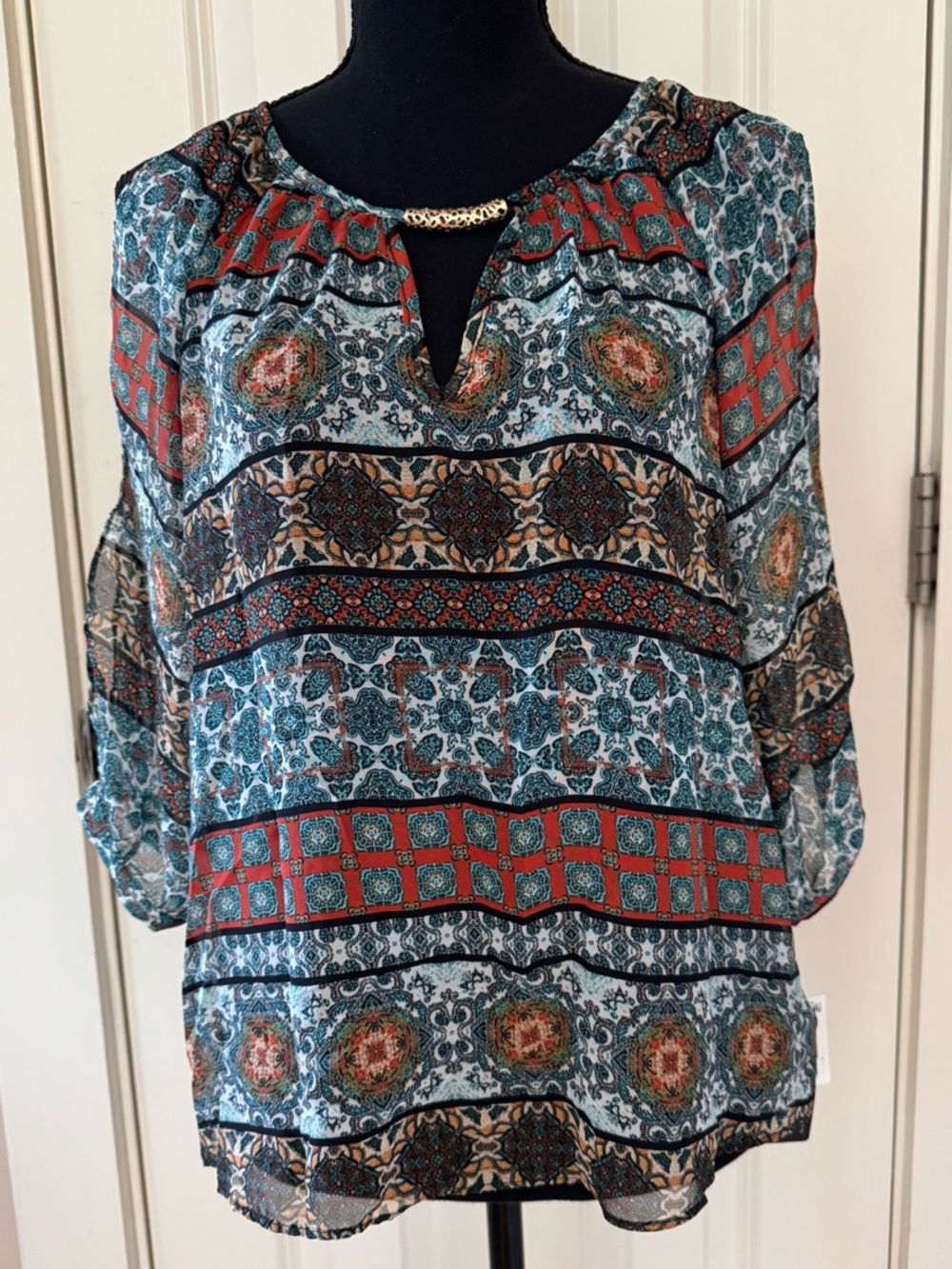 BCX sheer floral embellished cold shoulder 3/4 sleeves boho blouse top women’s S